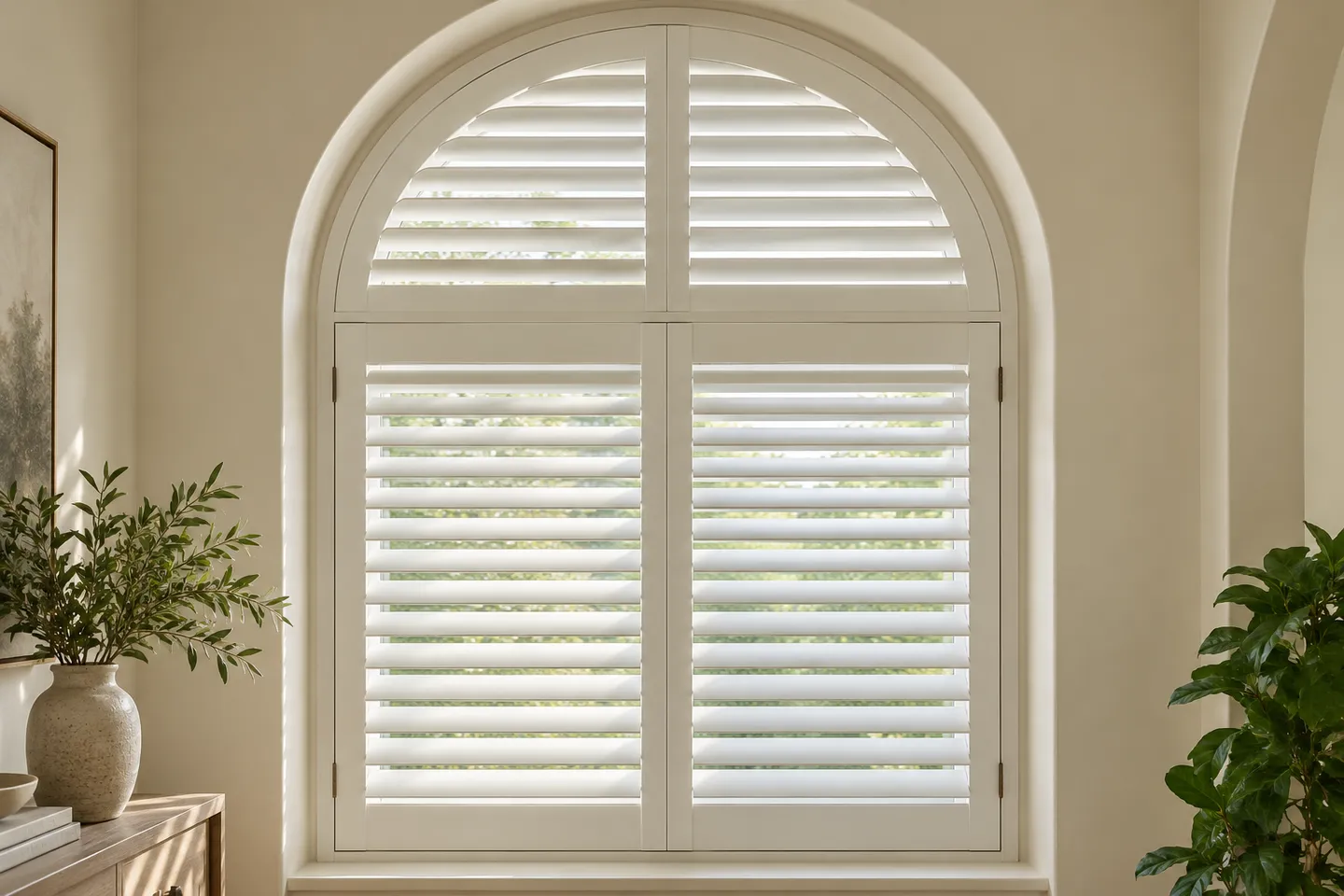A separate semicircular shutter section above two rectangular louvred panels