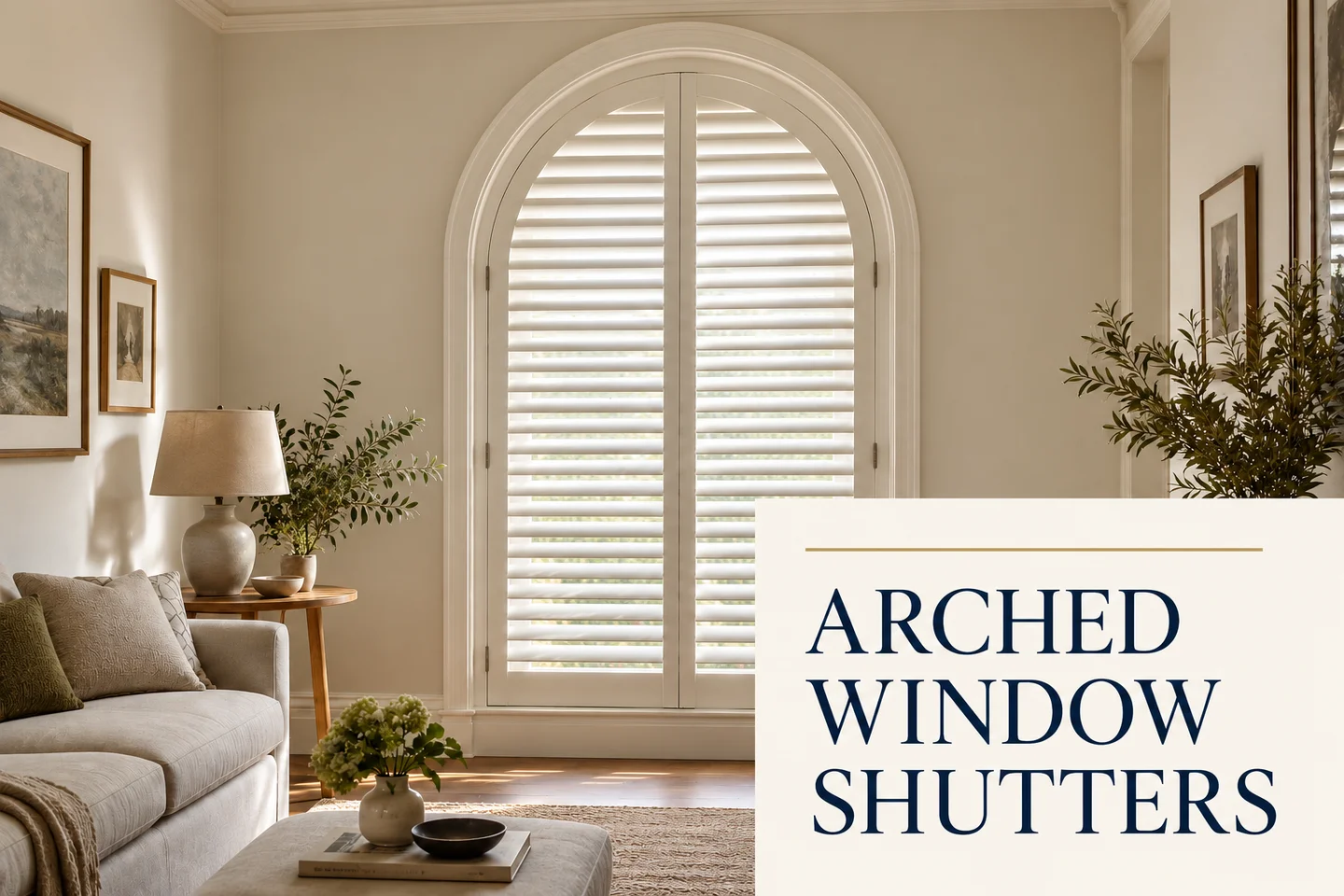 Arched Window Shutters — white shutters following a curved window, with a navy heading on a cream panel