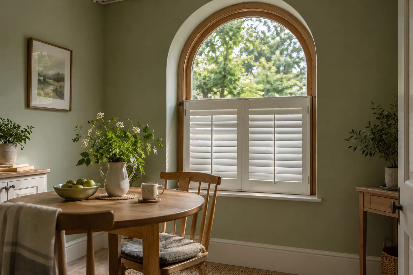 White café shutters screening the lower window with the arched upper glass uncovered