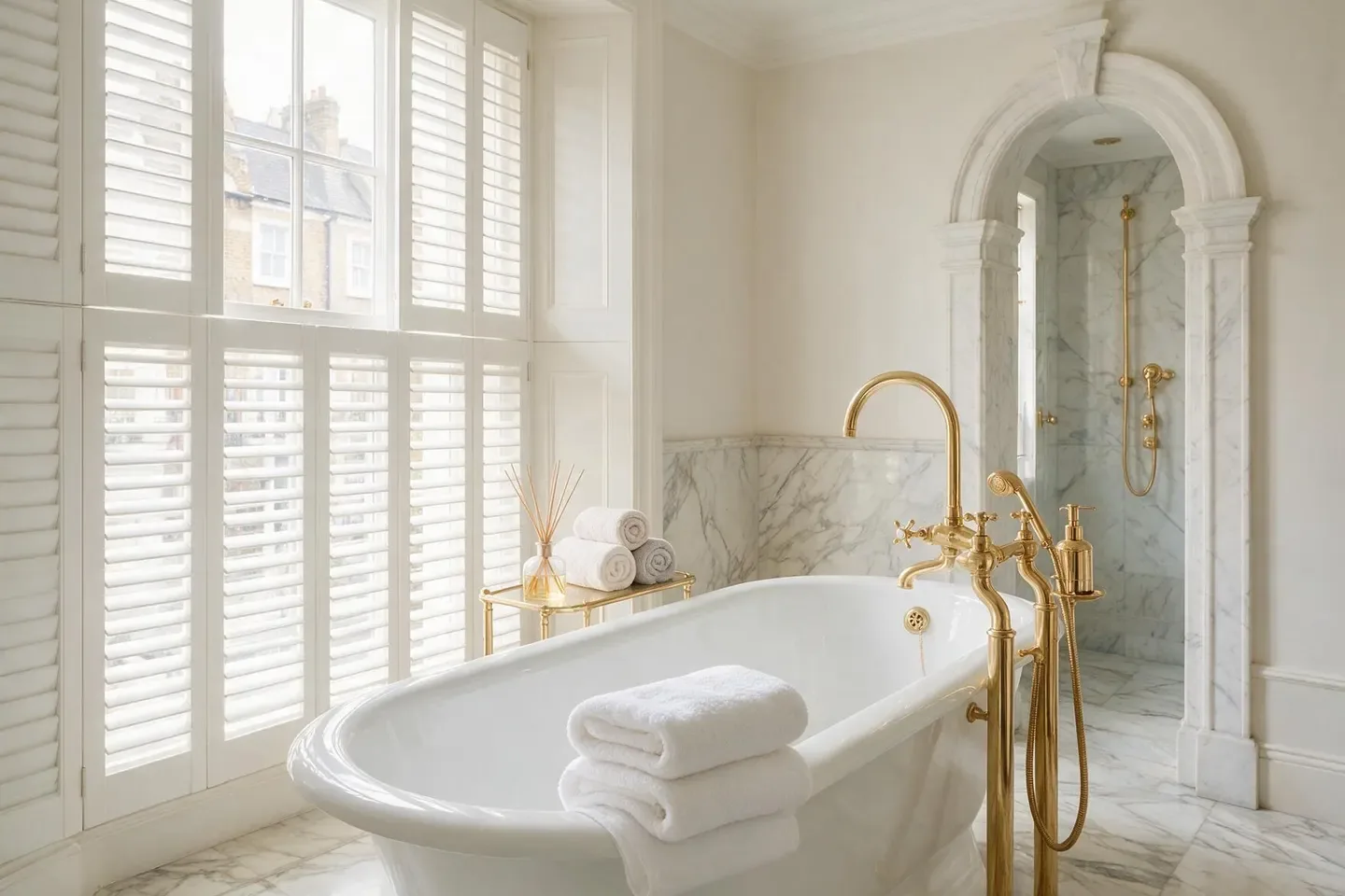 White shutter panels in two tiers beside a freestanding bath, illustrating window planning for London homes