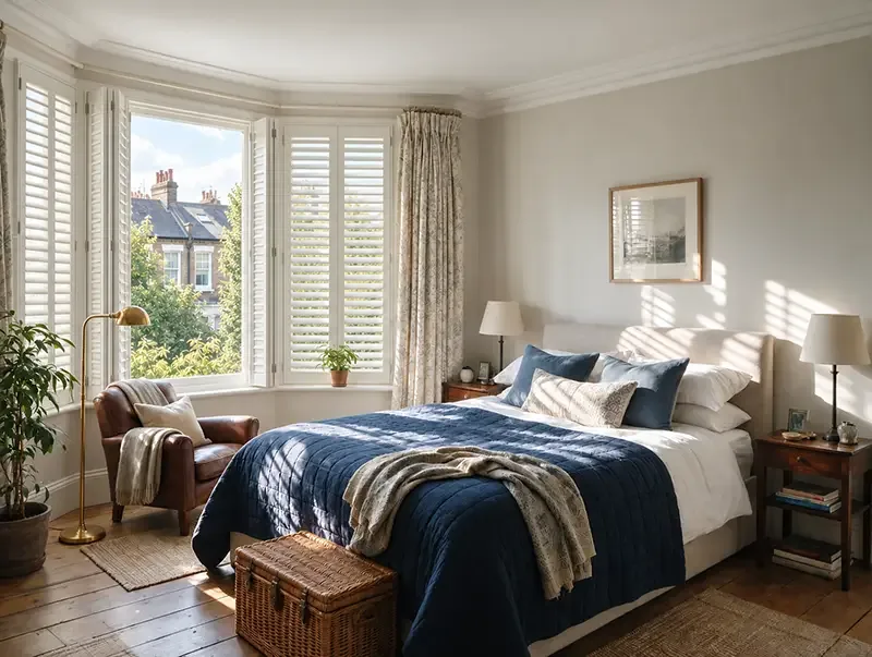 Plantation shutters Kensington — bedroom bay-window inspiration White plantation shutters around a bedroom bay window beside a blue-covered bed