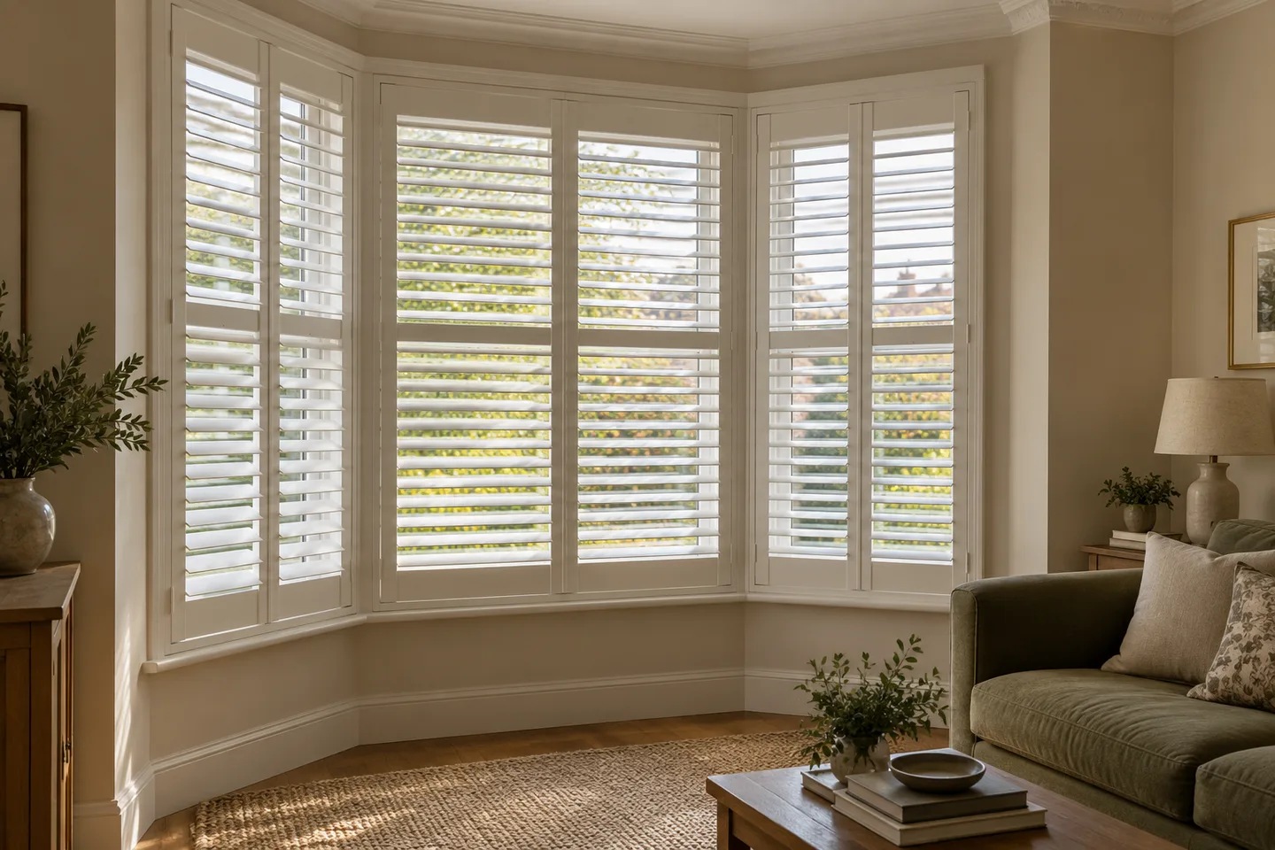 White full height plantation shutters following an angled bay in an ivory sitting room