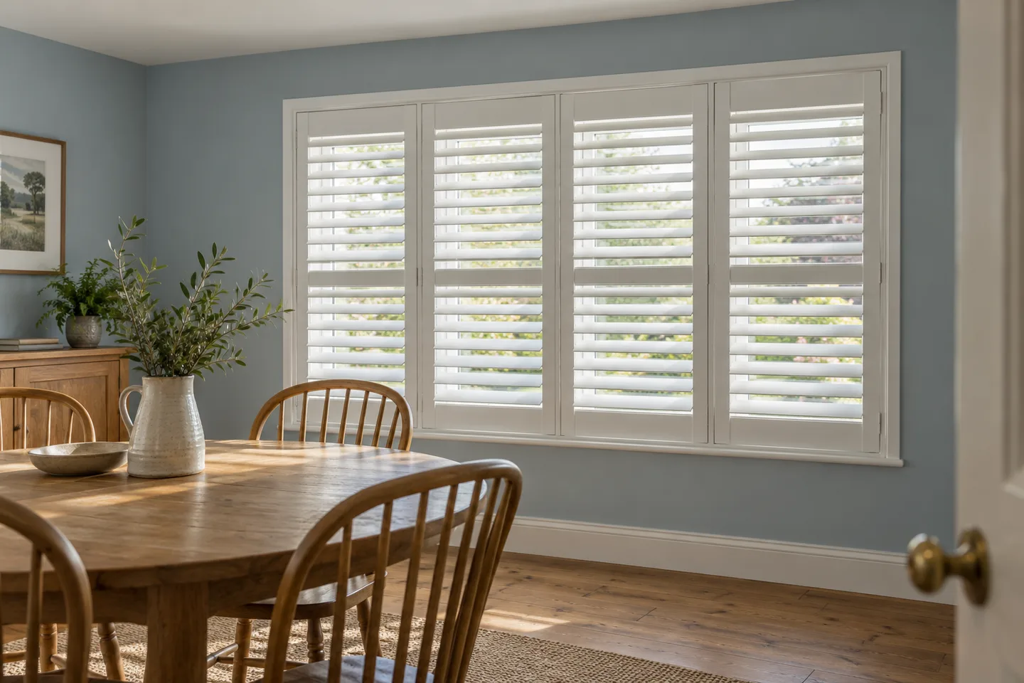 White full height plantation shutters on a wide window in a warm dining room
