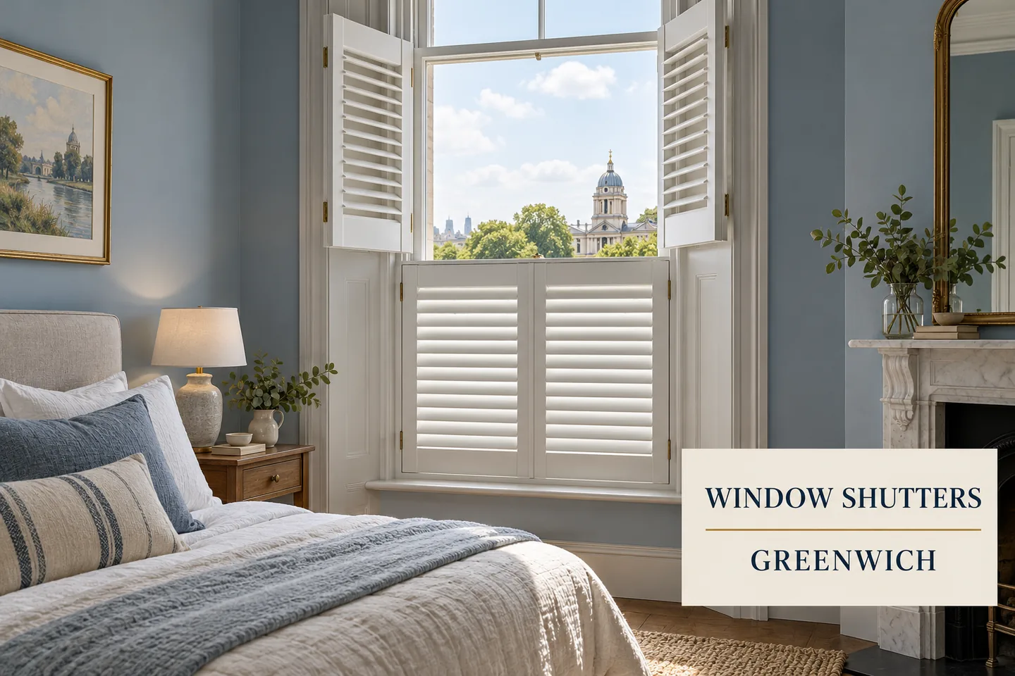 White tier-on-tier bedroom shutters with upper doors open and lower doors closed beside a Window Shutters Greenwich title panel