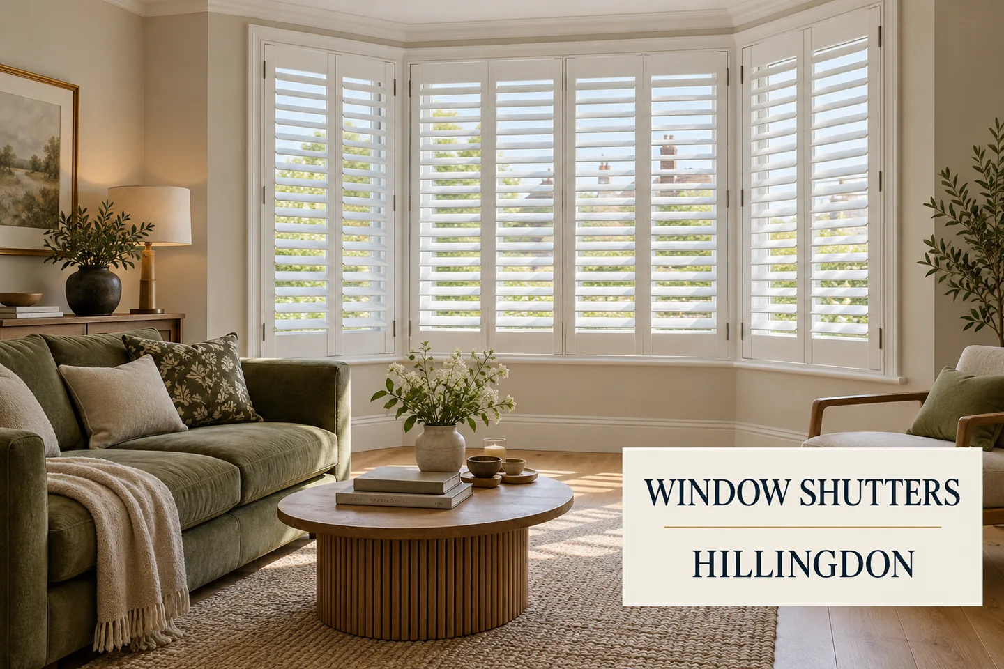 White full height shutters fitted around an angled bay beside an olive sofa and Window Shutters Hillingdon title panel
