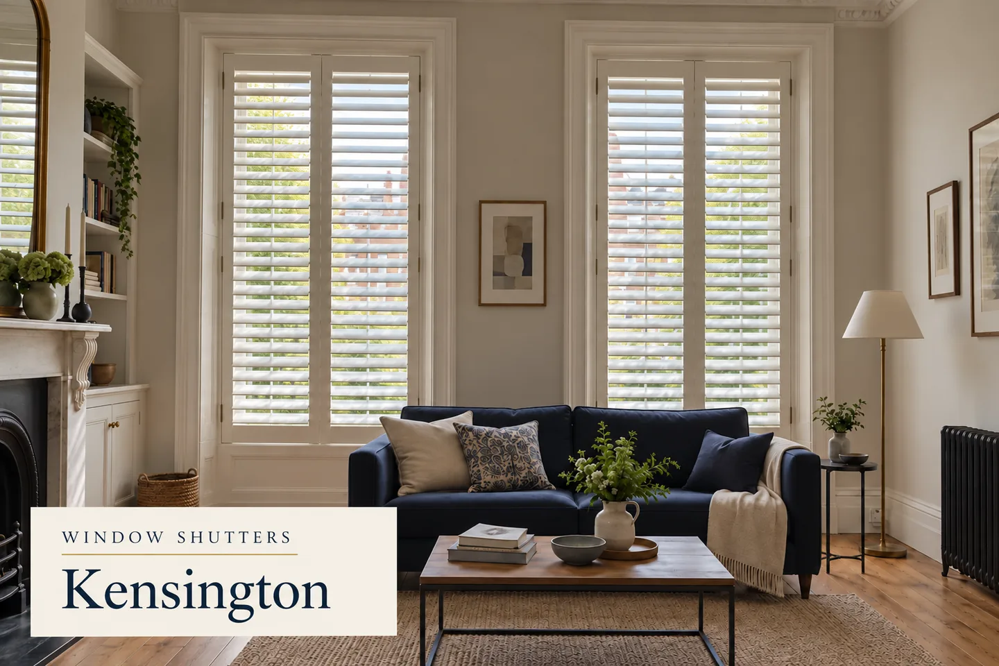 Window shutters Kensington — tall sash-window design inspiration White full height shutters on tall sash windows beside a navy sofa, with a Window Shutters Kensington title panel