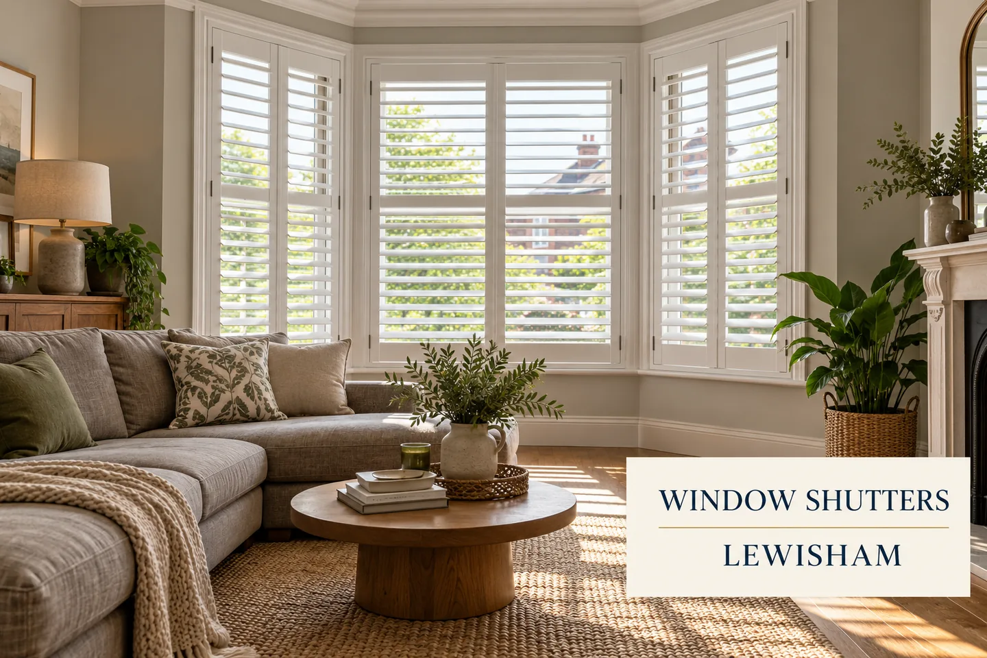 White full height shutters around a sitting-room bay with a grey sofa and Window Shutters Lewisham title panel