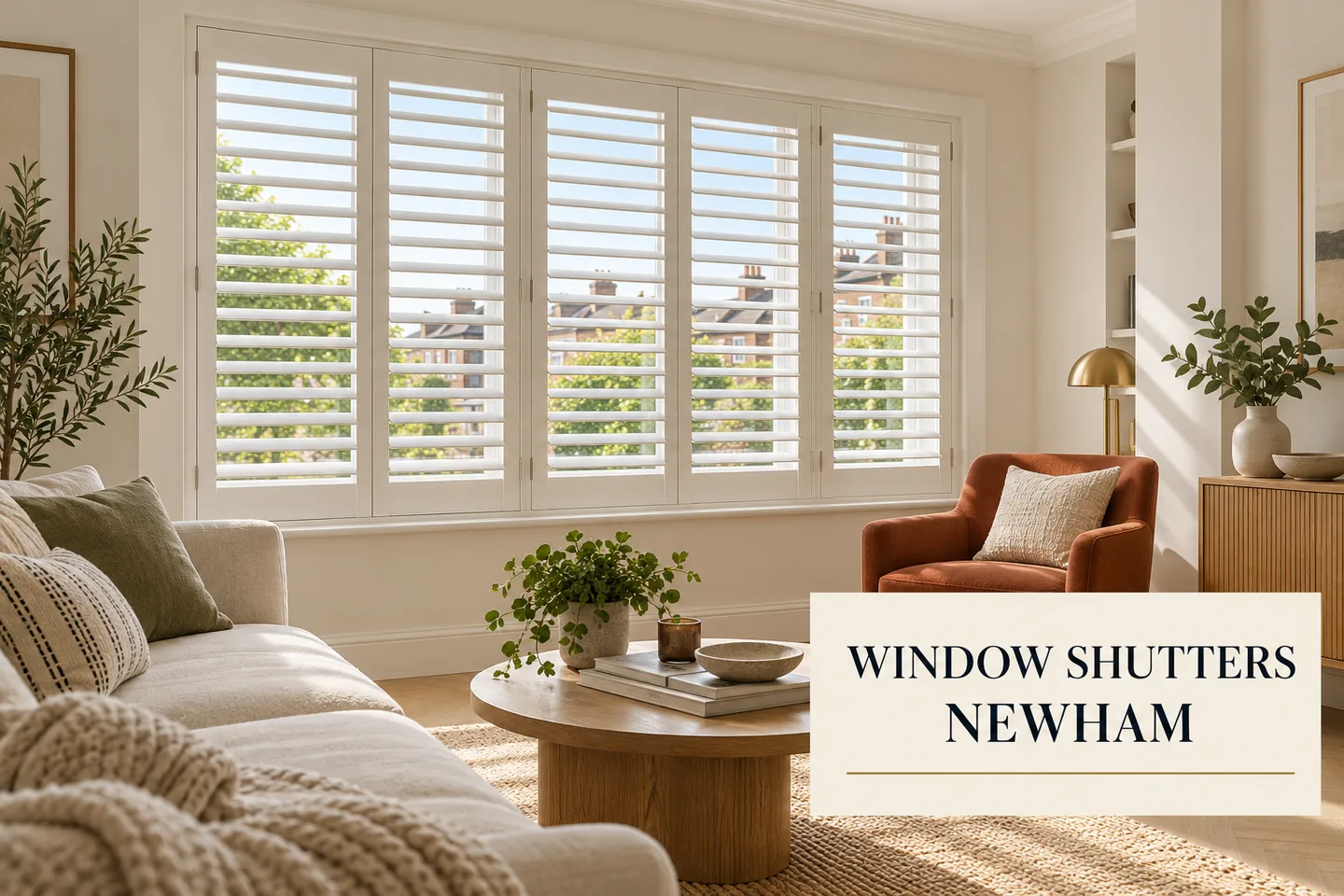 White full height shutters across a broad living-room window with a terracotta chair and Window Shutters Newham title panel