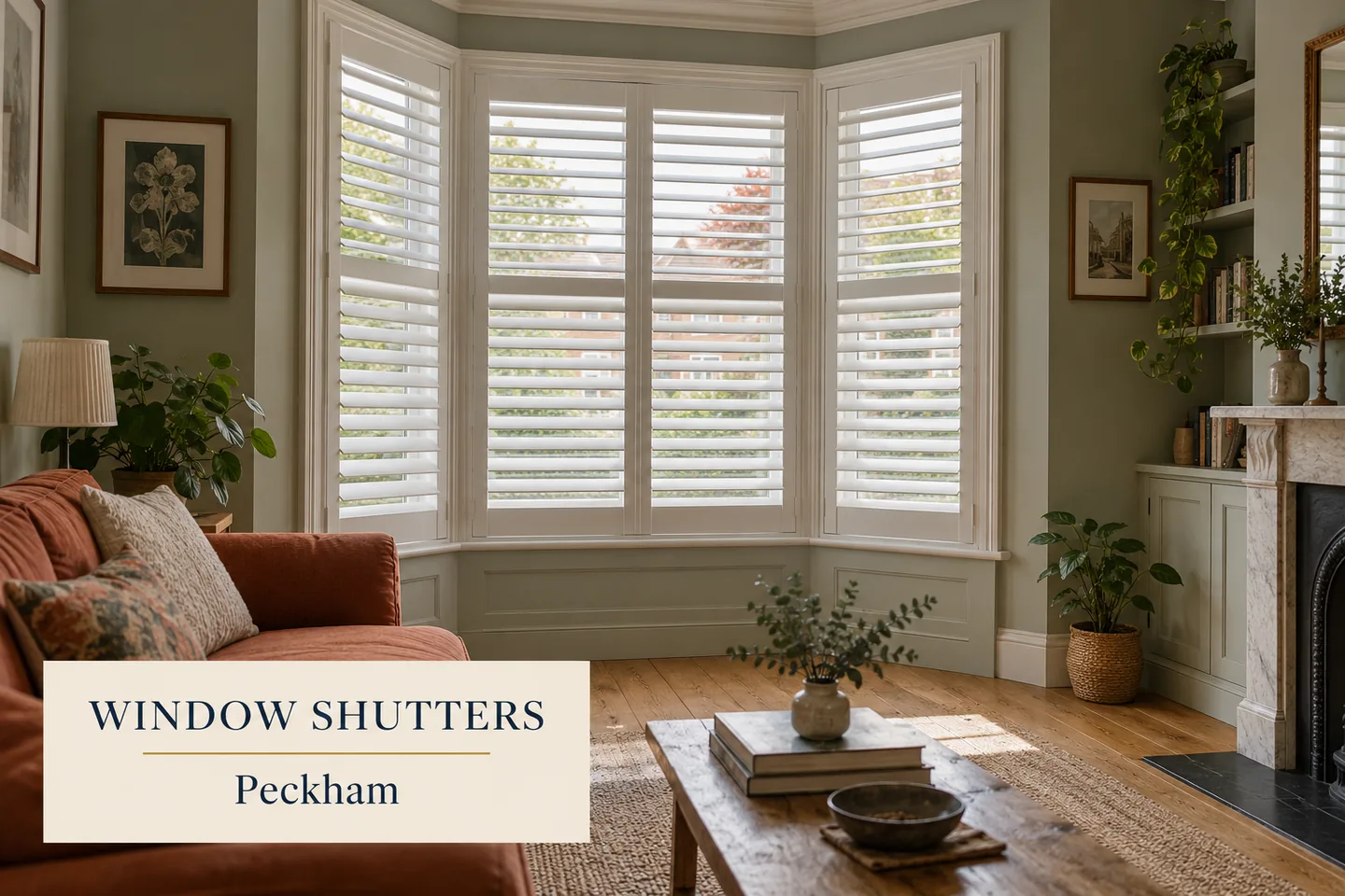 White full height shutters around a sitting-room bay with a rust sofa and a Window Shutters Peckham title panel