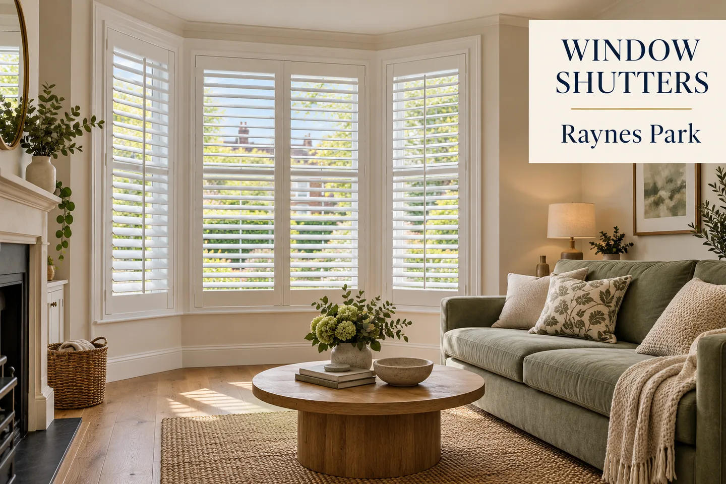 White full height shutters around a sitting-room bay with a sage green sofa and a Window Shutters Raynes Park title panel