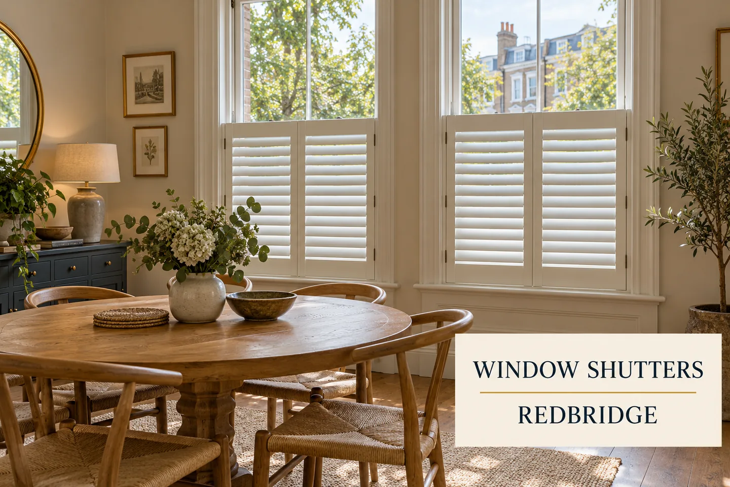 White café shutters on two dining-room sash windows above an oak table with a Window Shutters Redbridge title panel
