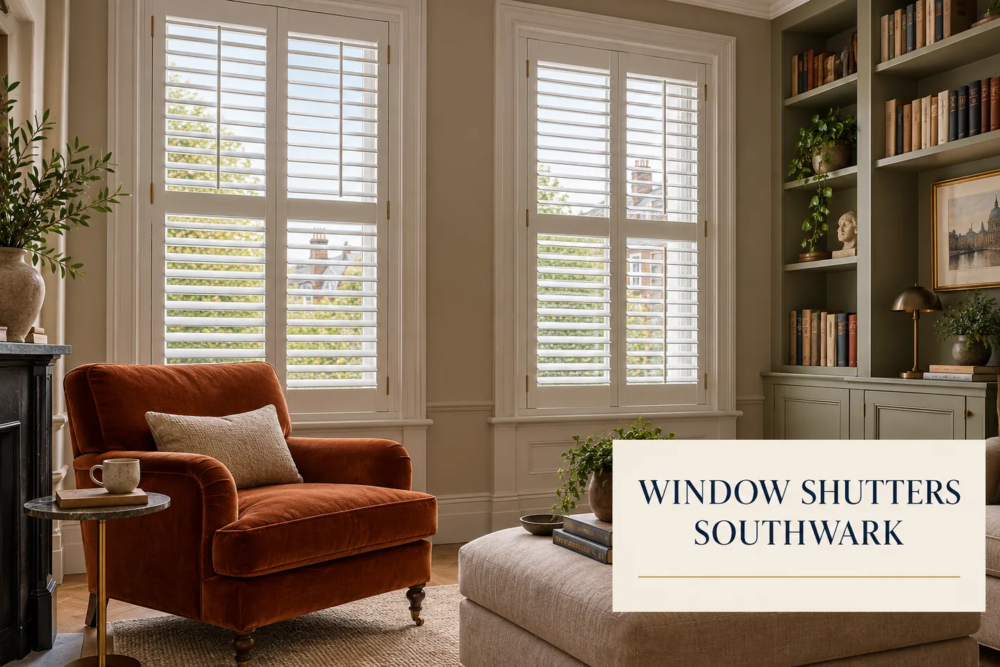 White full height shutters on two tall windows in a reading room with a rust armchair and Window Shutters Southwark title panel