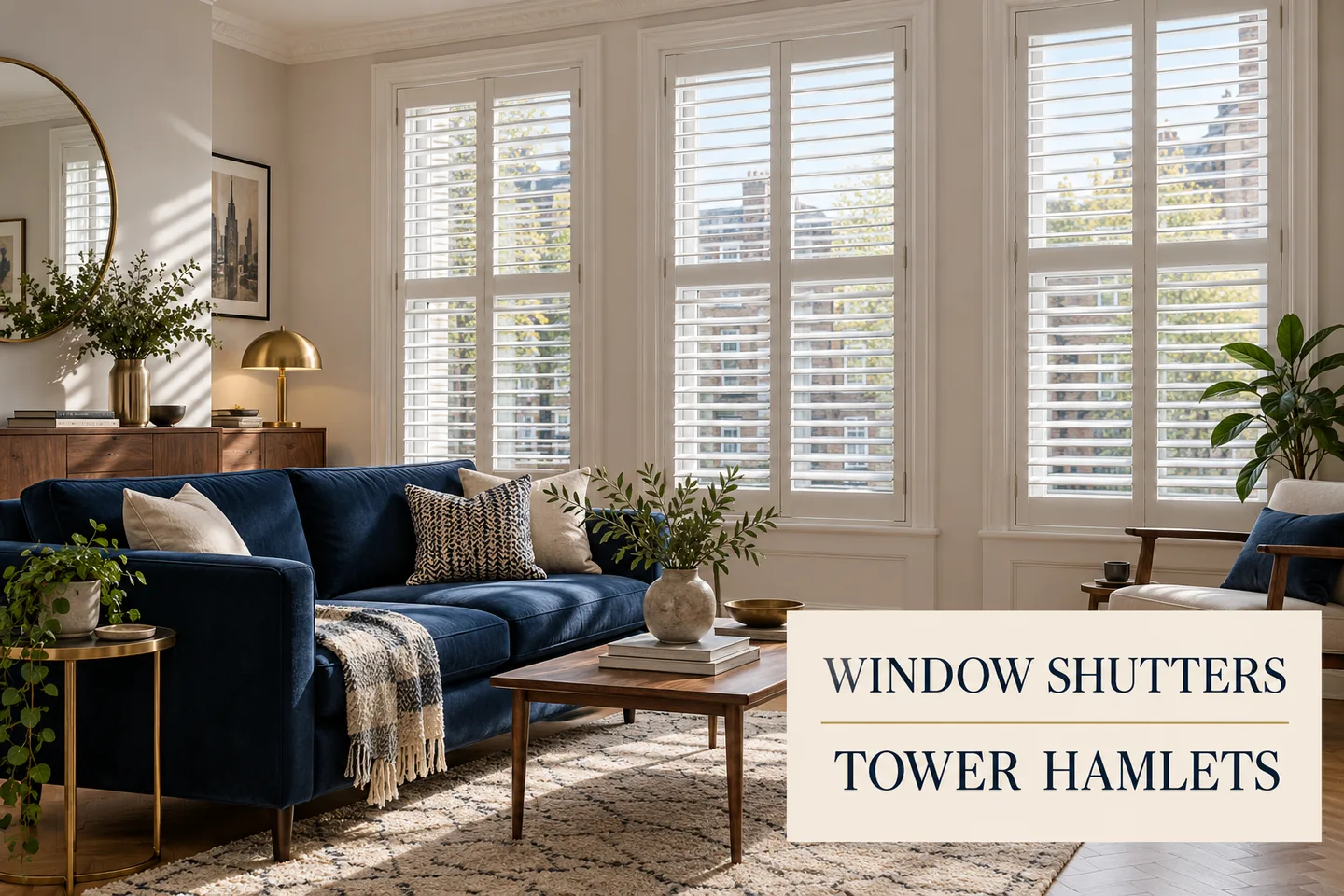 White full height shutters on tall sitting-room windows beside a navy sofa and Window Shutters Tower Hamlets title panel