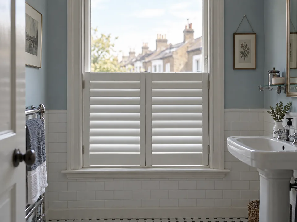White café shutters cover the lower half of a bathroom window, with daylight through uncovered glass above