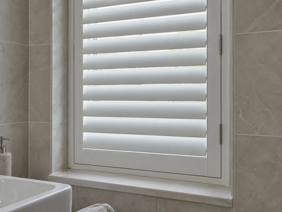Close view of white shutter louvres, a hinged stile and a frame inside a tiled recess
