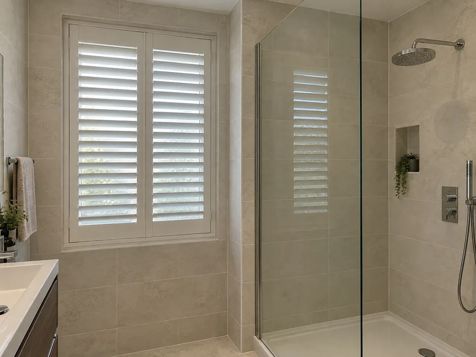 Full-height white shutters on a window beside a separate glass shower screen