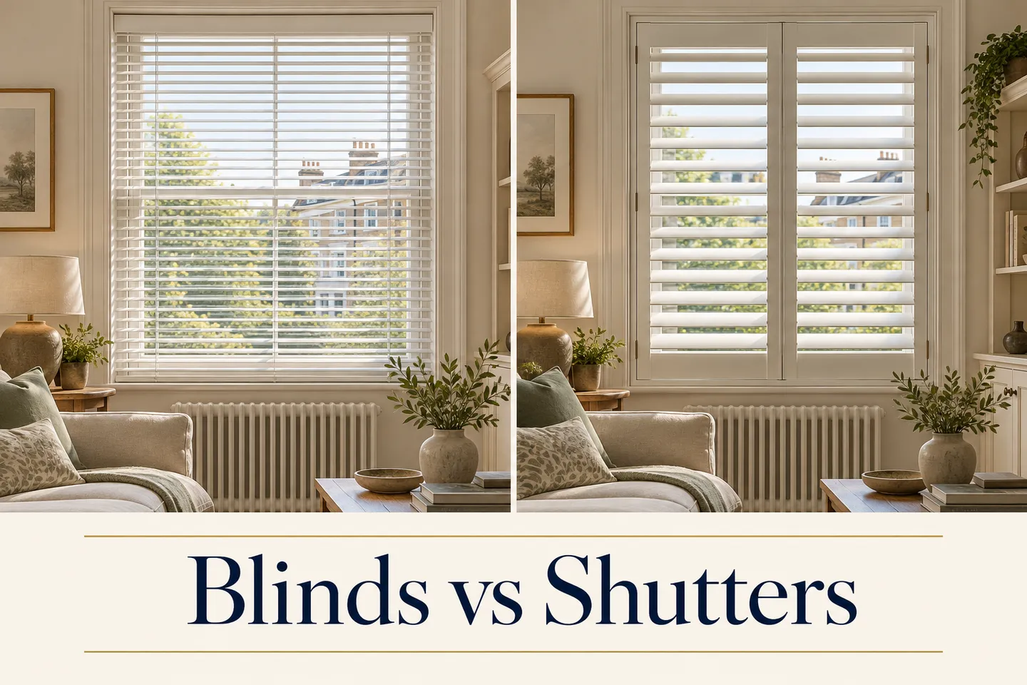 Blinds vs shutters comparison showing thin Venetian blind slats beside framed plantation shutter panels