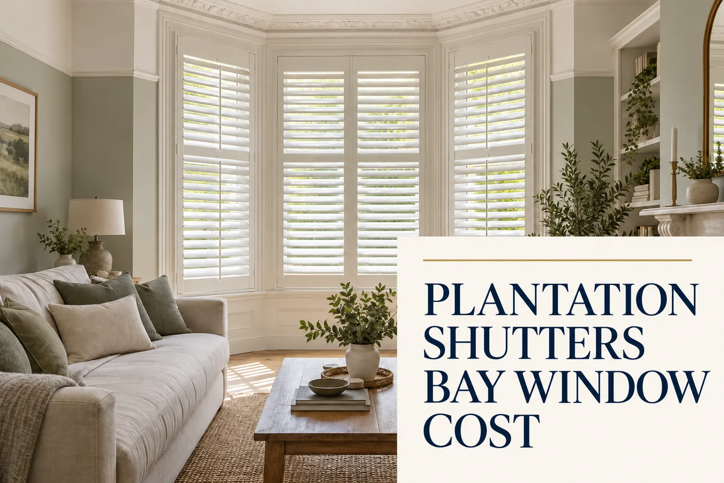 White shutters around a living-room bay with a cream title panel reading Plantation Shutters Bay Window Cost White shutters around a living-room bay with a cream title panel reading Plantation Shutters Bay Window Cost