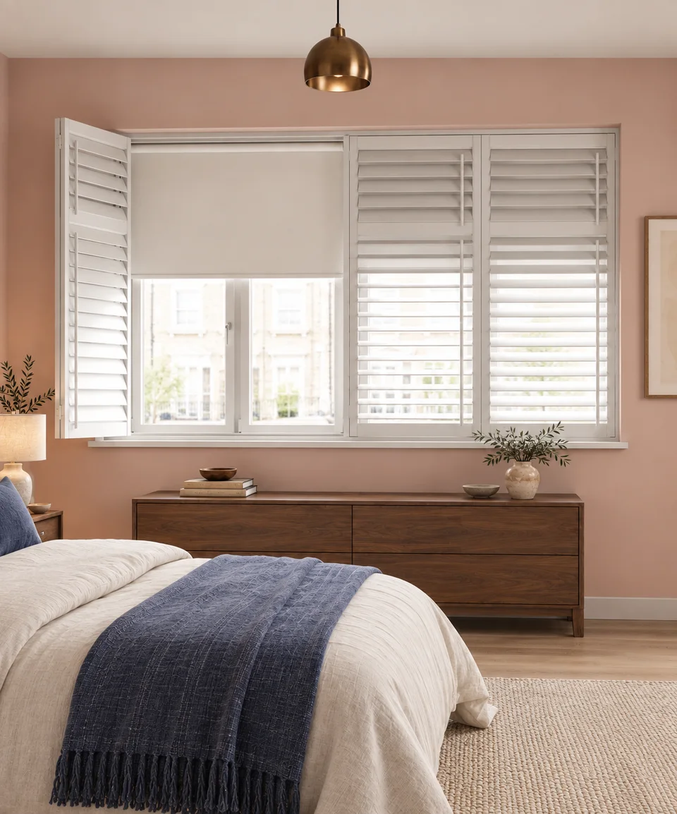 Roller blind behind white plantation shutters in a bedroom
