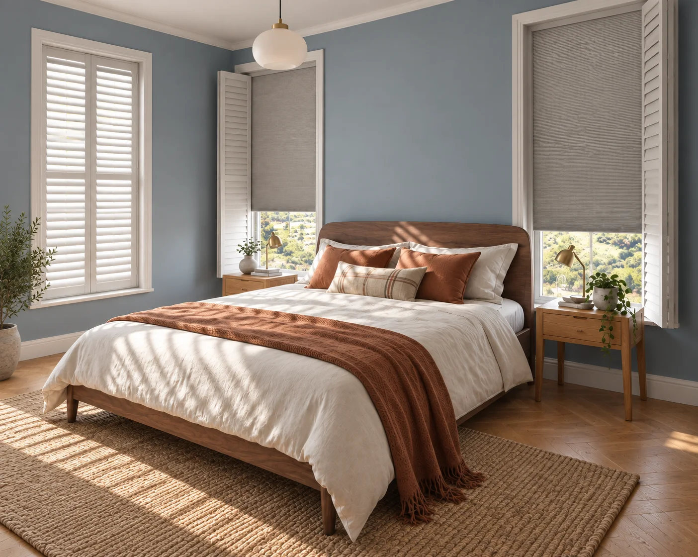 White plantation shutters with open panels revealing grey honeycomb blackout blinds in a blue bedroom
