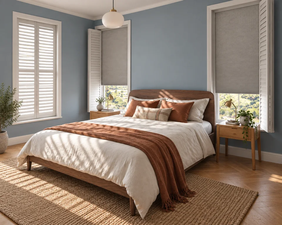 Pleated blackout blinds behind white bedroom shutter panels