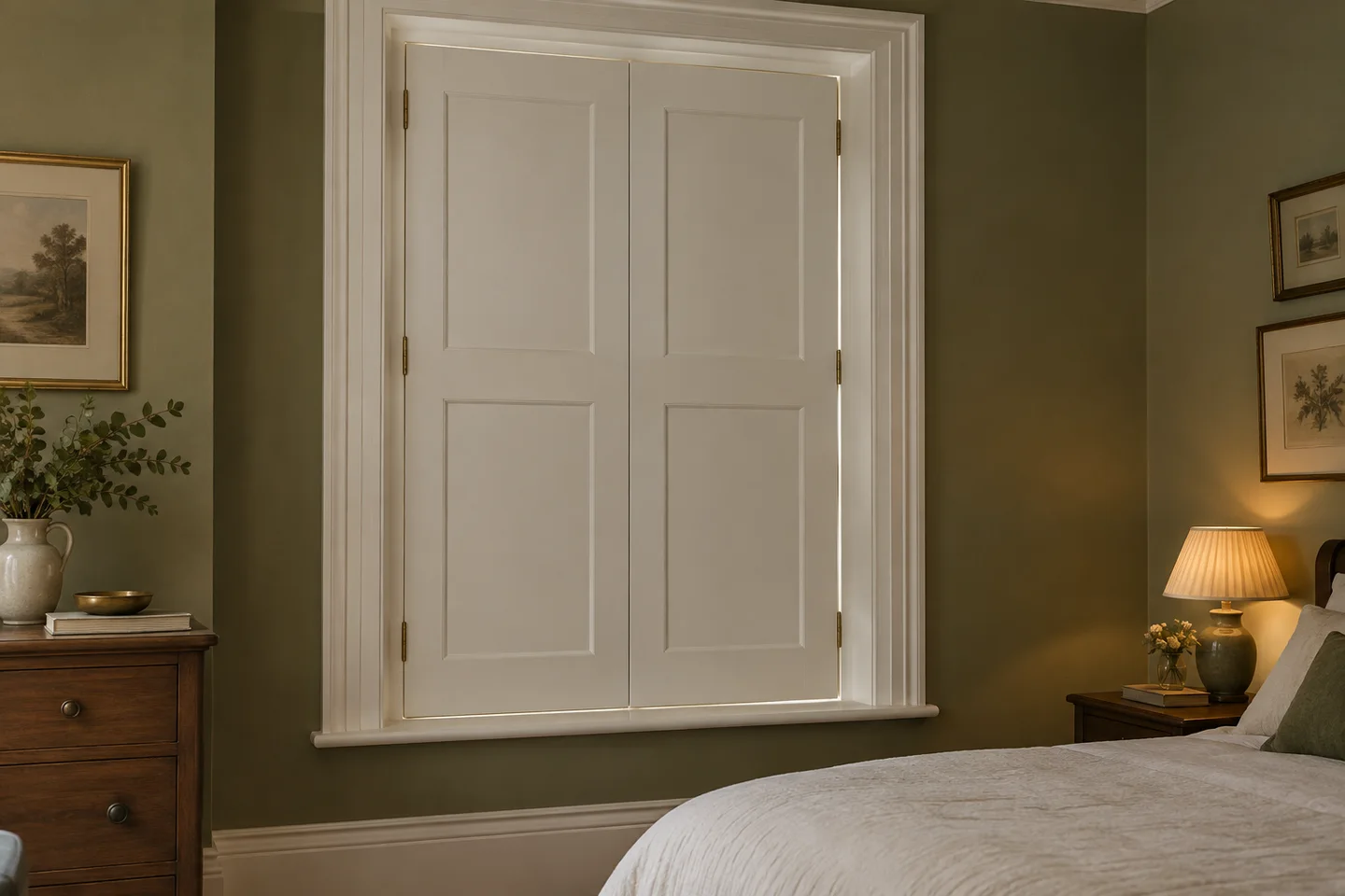 White solid panel shutters closed over a bedroom window, without adjustable louvres