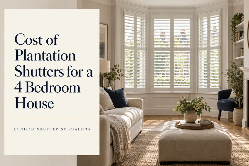 White shutters in a living-room bay beside a cream title panel reading Cost of Plantation Shutters for a 4 Bedroom House