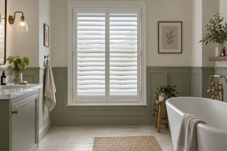 White plantation shutters at a bathroom window beside a freestanding bath White plantation shutters at a bathroom window beside a freestanding bath