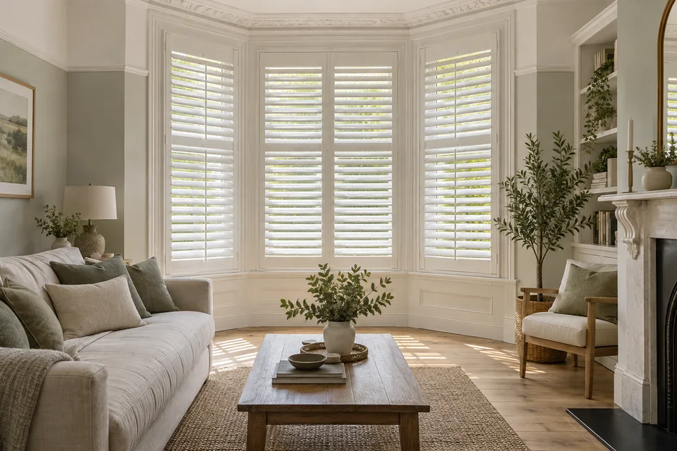 White plantation shutters filtering summer sunlight in a living-room bay window