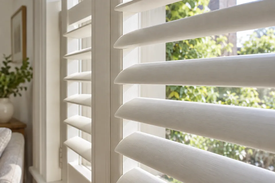 Close-up of light-coloured wooden shutter louvres filtering sunlight beside a window