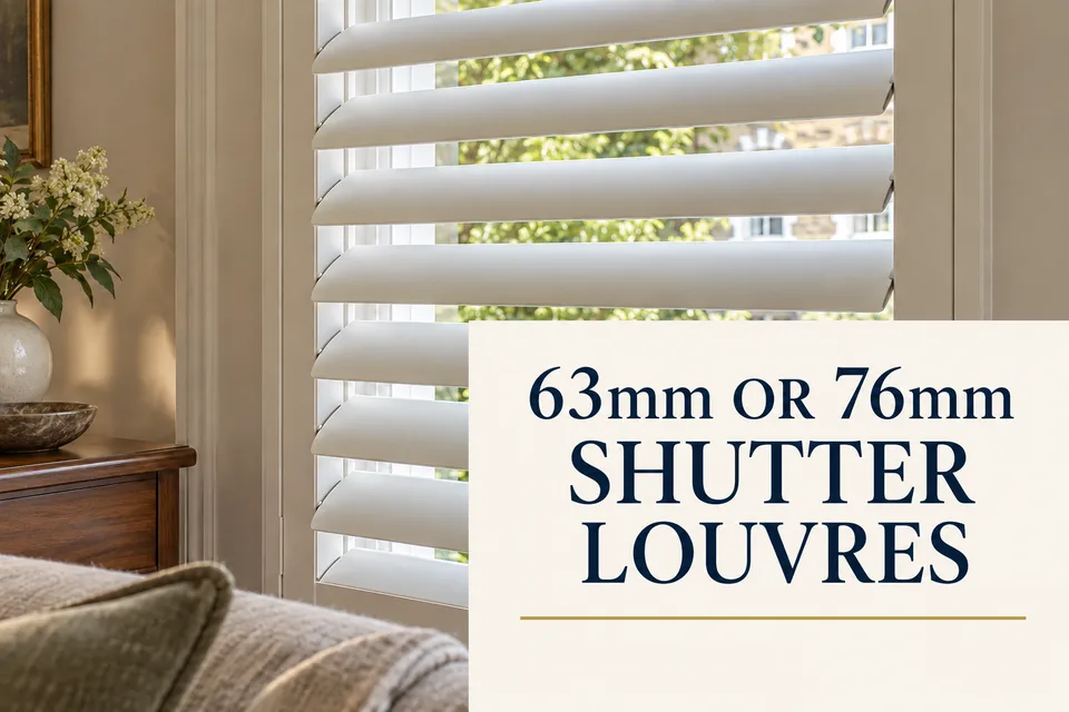 Open white shutter blades with a cream title panel reading 63mm or 76mm Shutter Louvres