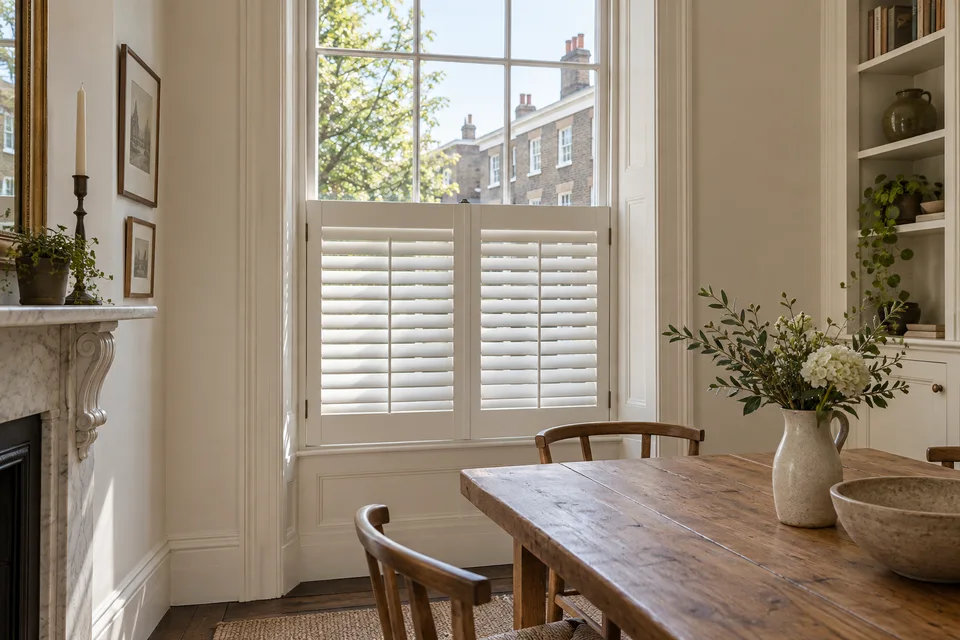 White café-style shutters covering the lower half of a sash window