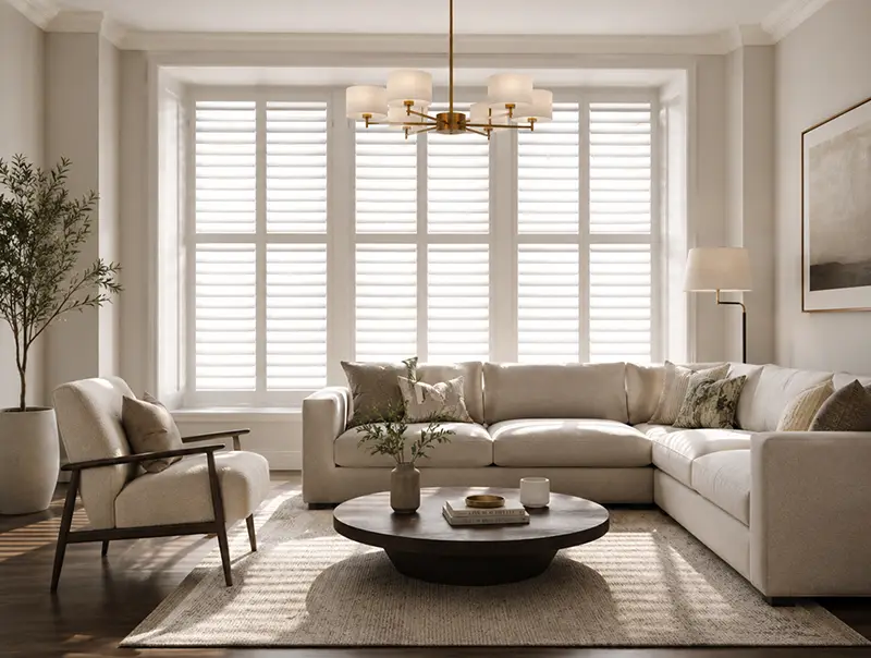 White full-height window shutters across a wide living-room window