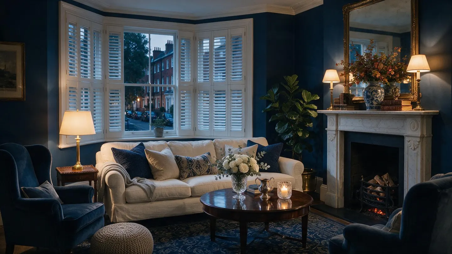 White full-height plantation shutters across a three-sided living-room bay window
