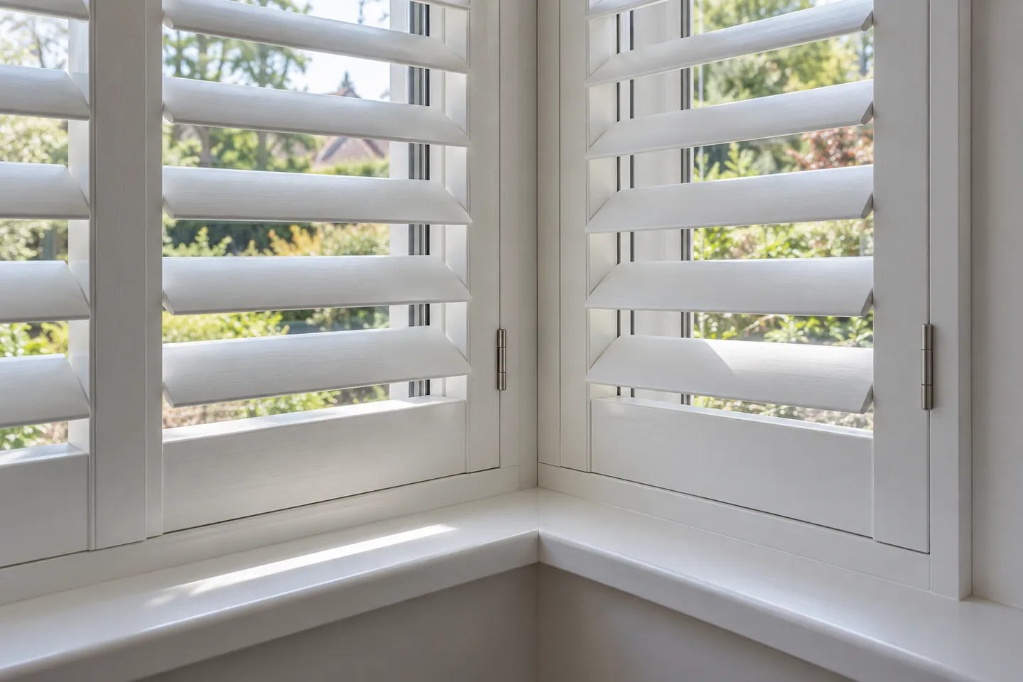 White shutter louvres and frames meeting at the right-angle corner of a box bay