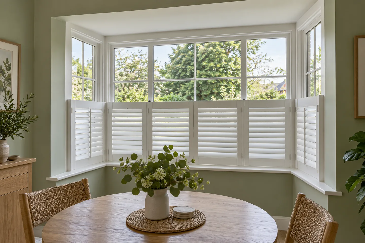 White café shutters across the lower half of a square bay beside a round dining table White café shutters across the lower half of a square bay beside a round dining table