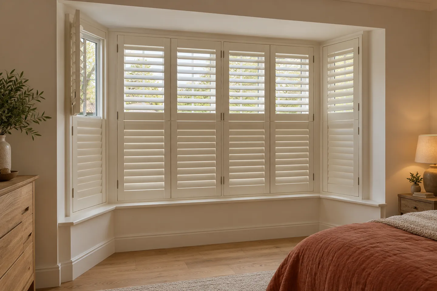 White tier-on-tier shutters around a bedroom bay with an upper side panel open White tier-on-tier shutters around a bedroom bay with an upper side panel open