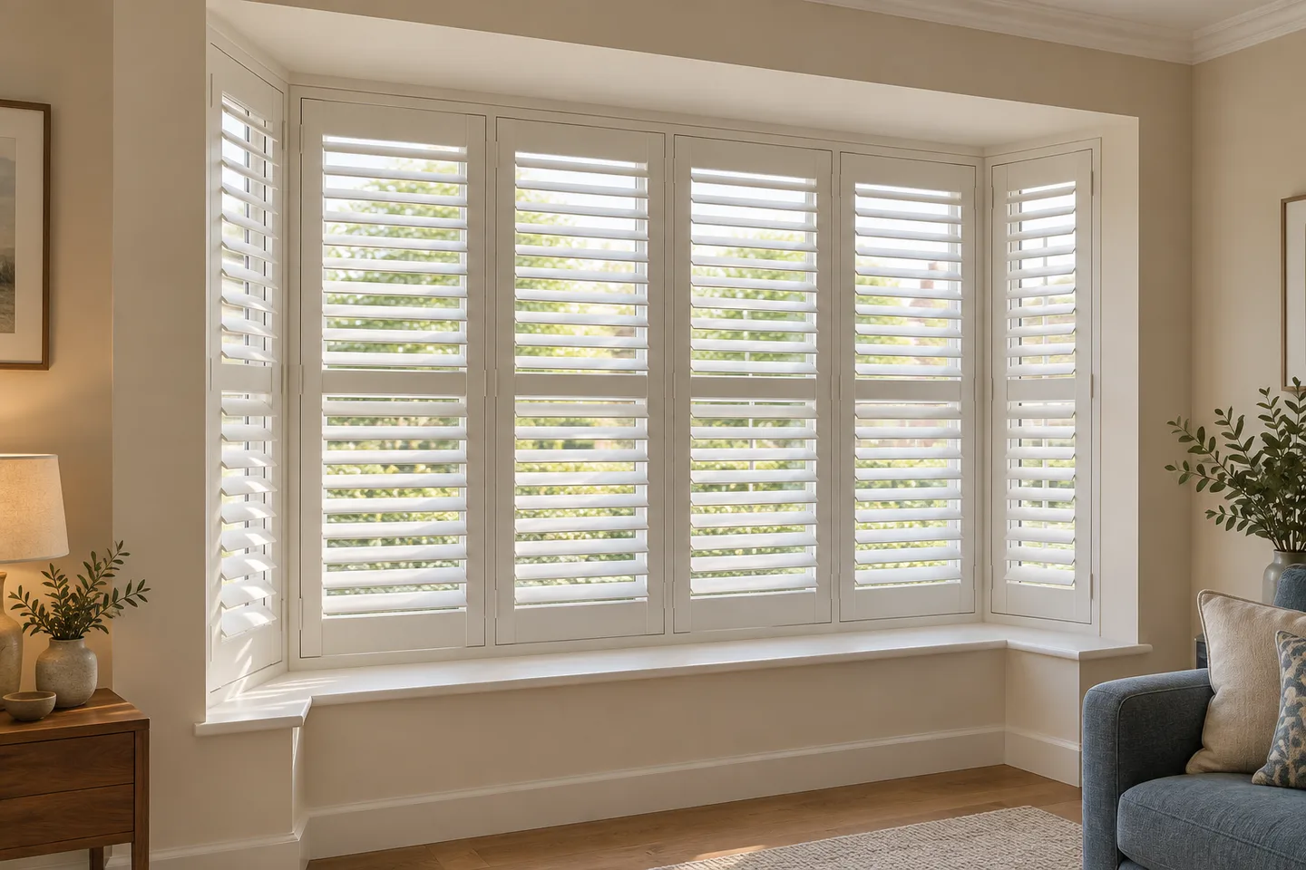 White full height plantation shutters across the front and perpendicular sides of a box bay in a living room