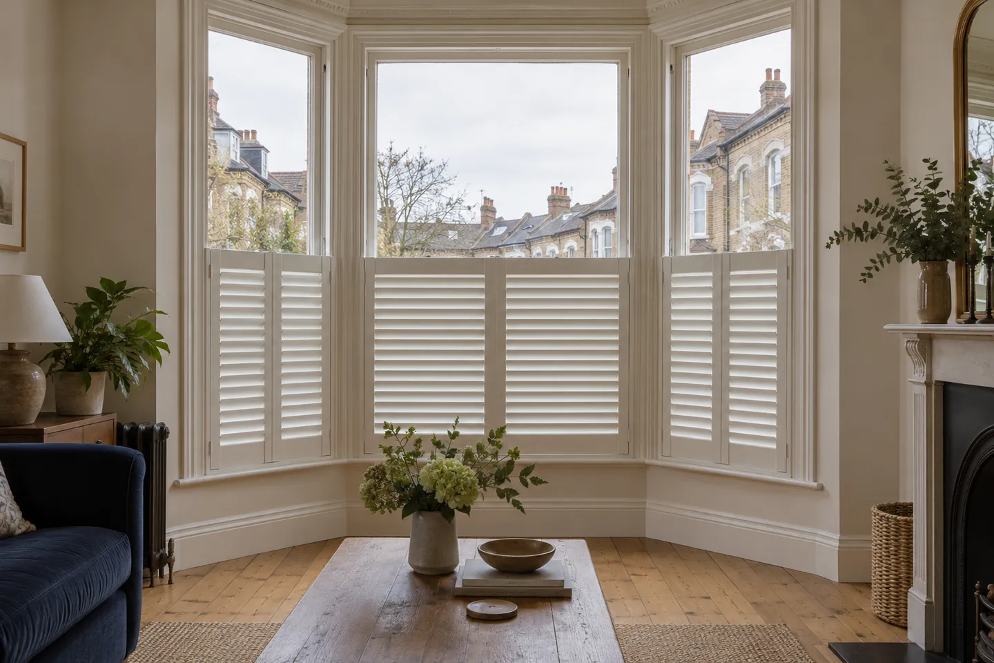 White café shutters covering the lower half of all three faces of an angled bay window