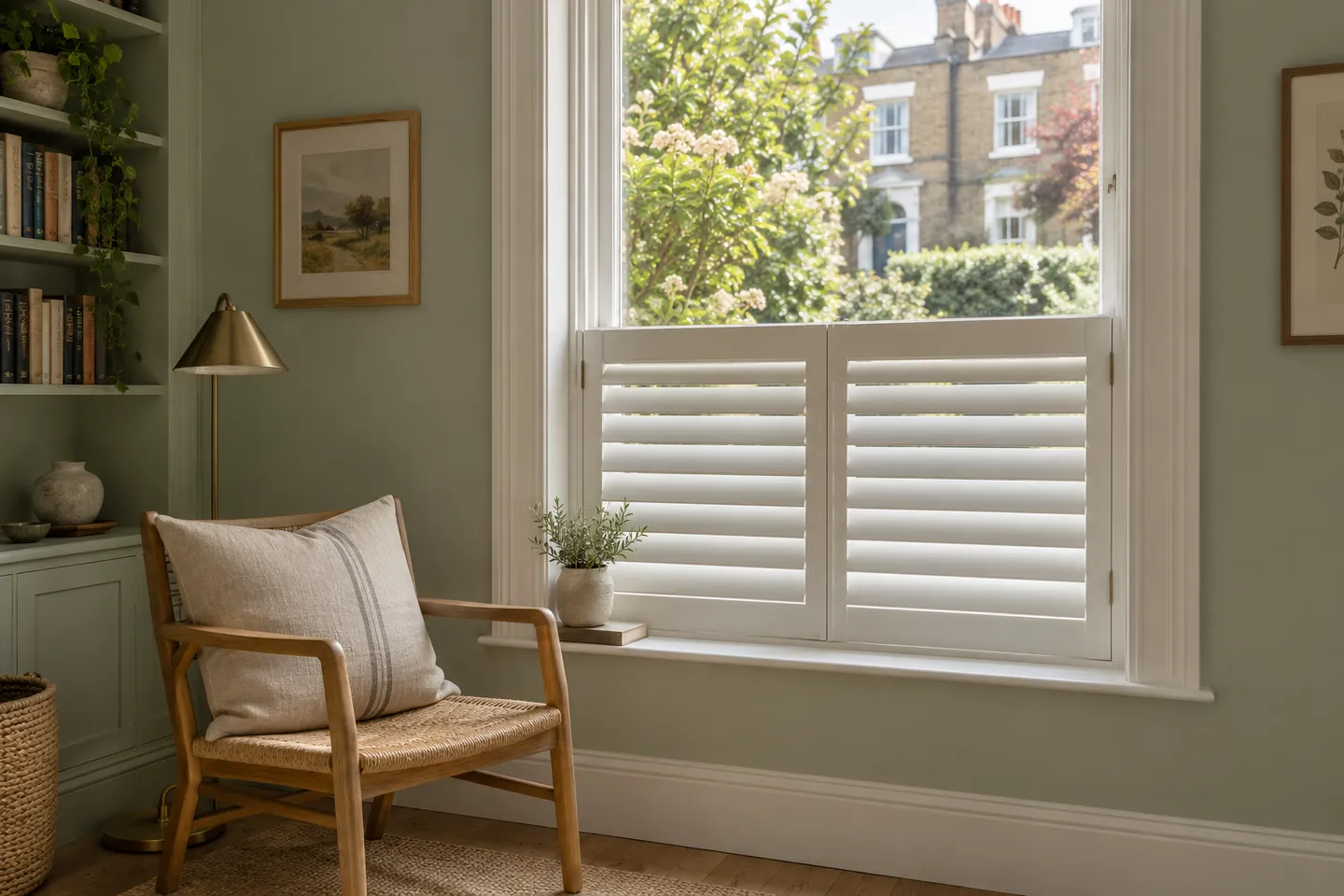 Half window shutters below clear upper glass beside a reading chair
