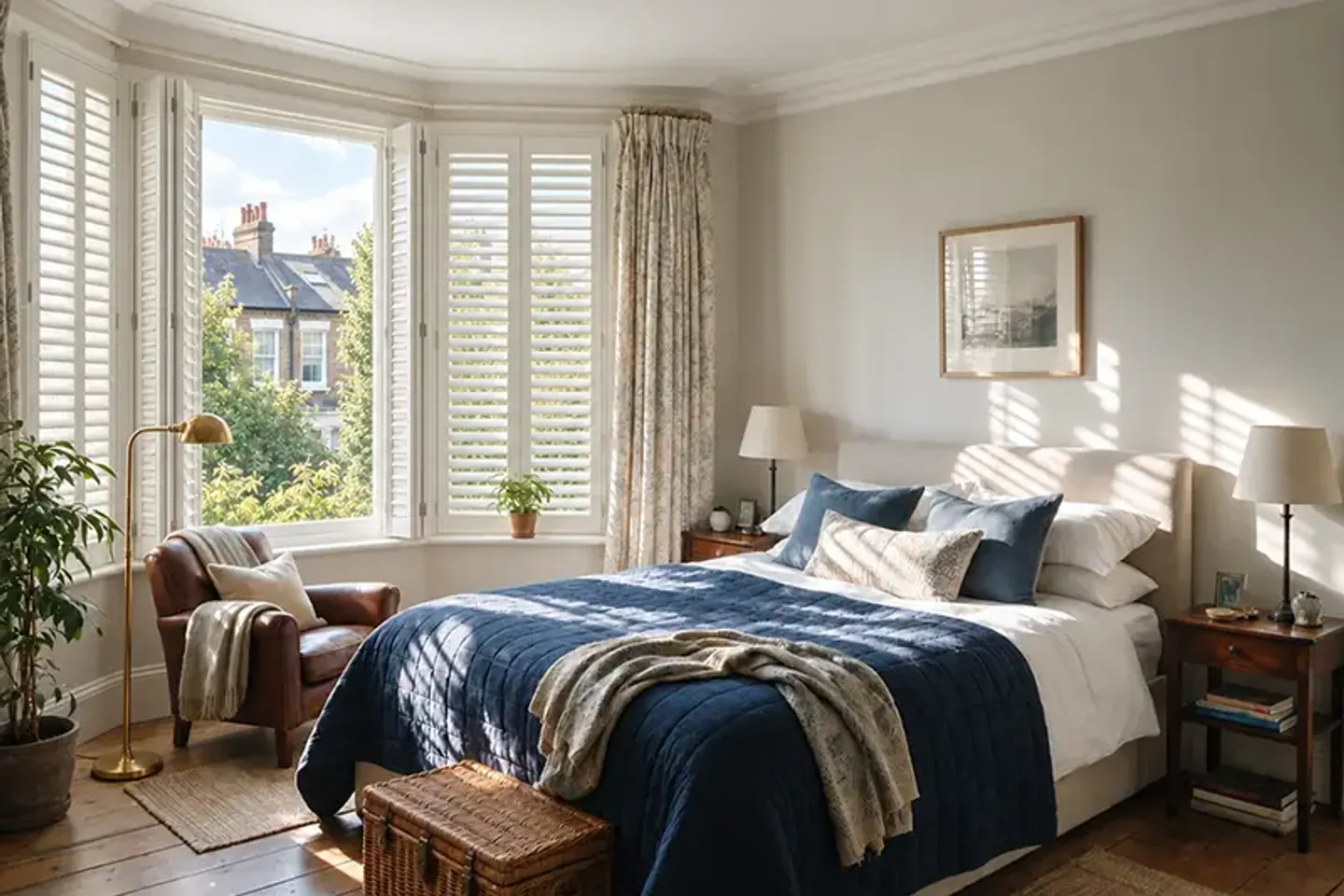 Full height bay window shutters London — bedroom inspiration White full height shutters and curtains around a bedroom bay, illustrating a London window layout