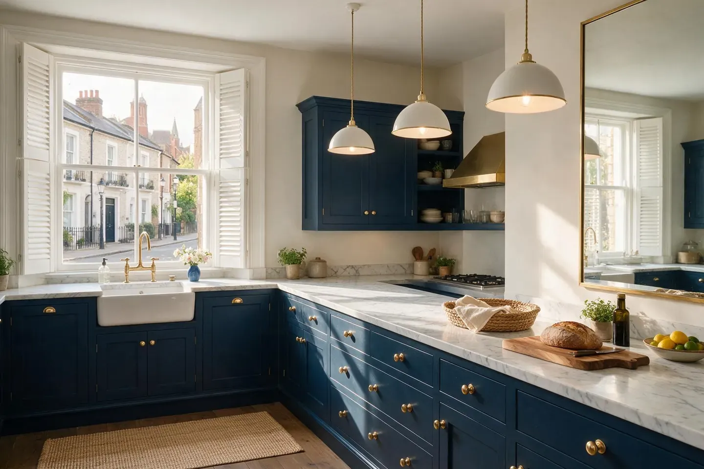 Full height kitchen shutters London — material and opening inspiration White full height shutters opened beside a kitchen sash window above a sink, illustrating a London home layout