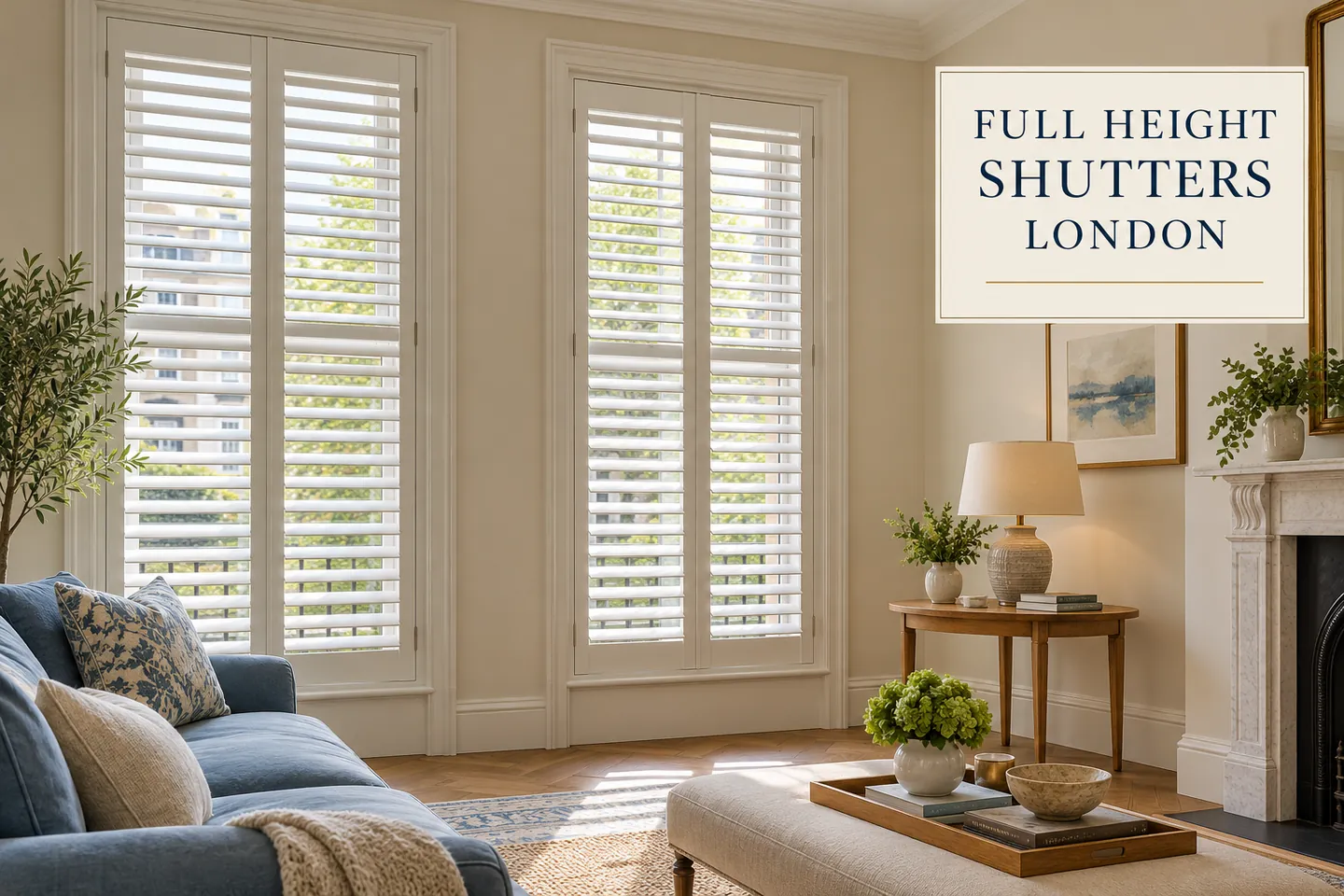 Full Height Shutters London — sitting-room design inspiration White full height shutters on tall sitting-room sash windows with a Full Height Shutters London title panel