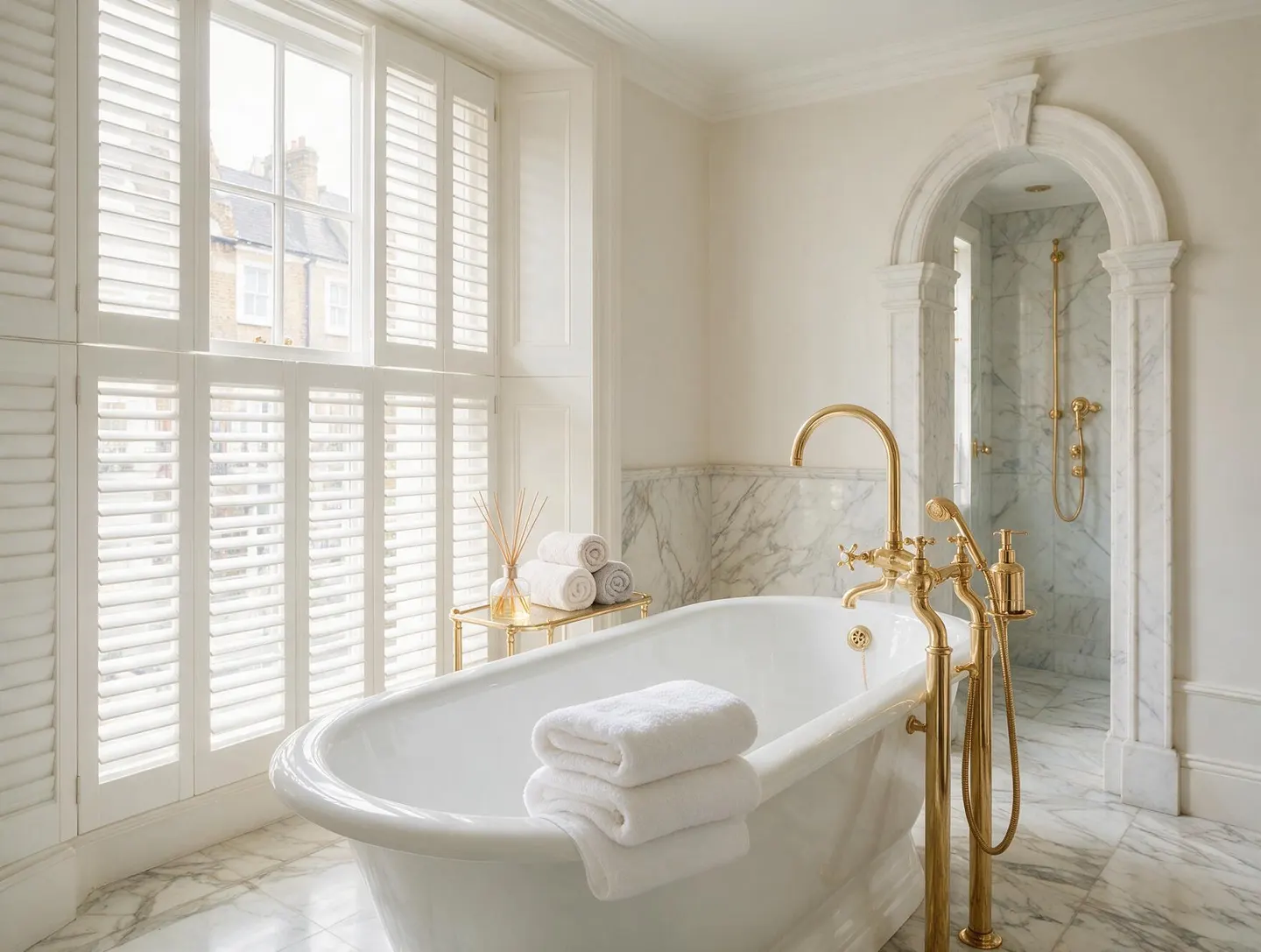 Bathroom with waterproof PVC shutters beside a roll-top bath