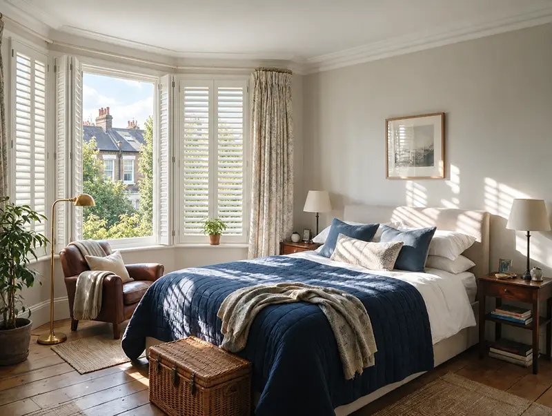 Bedroom bay window with full height shutters