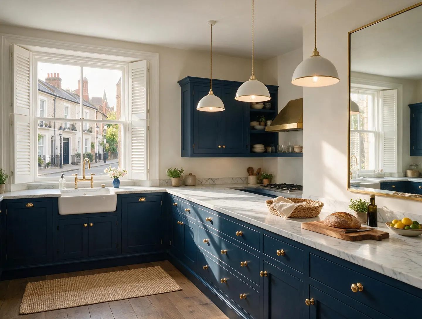 Kitchen with white plantation shutters above a farmhouse sink