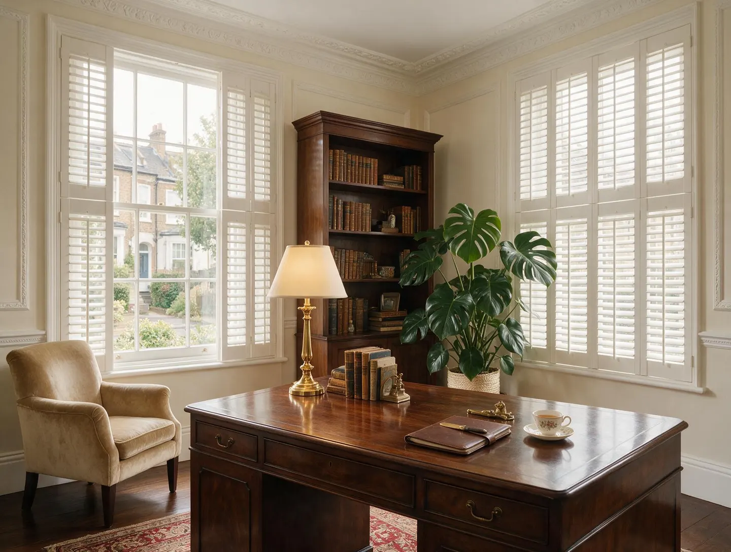 Home office with shutters on twin sash windows