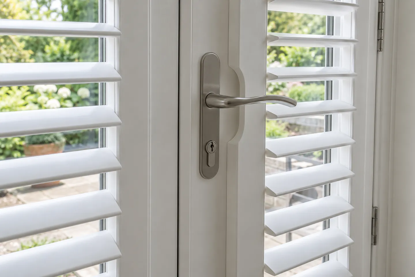 Close view of handle clearance in a white French-door shutter
