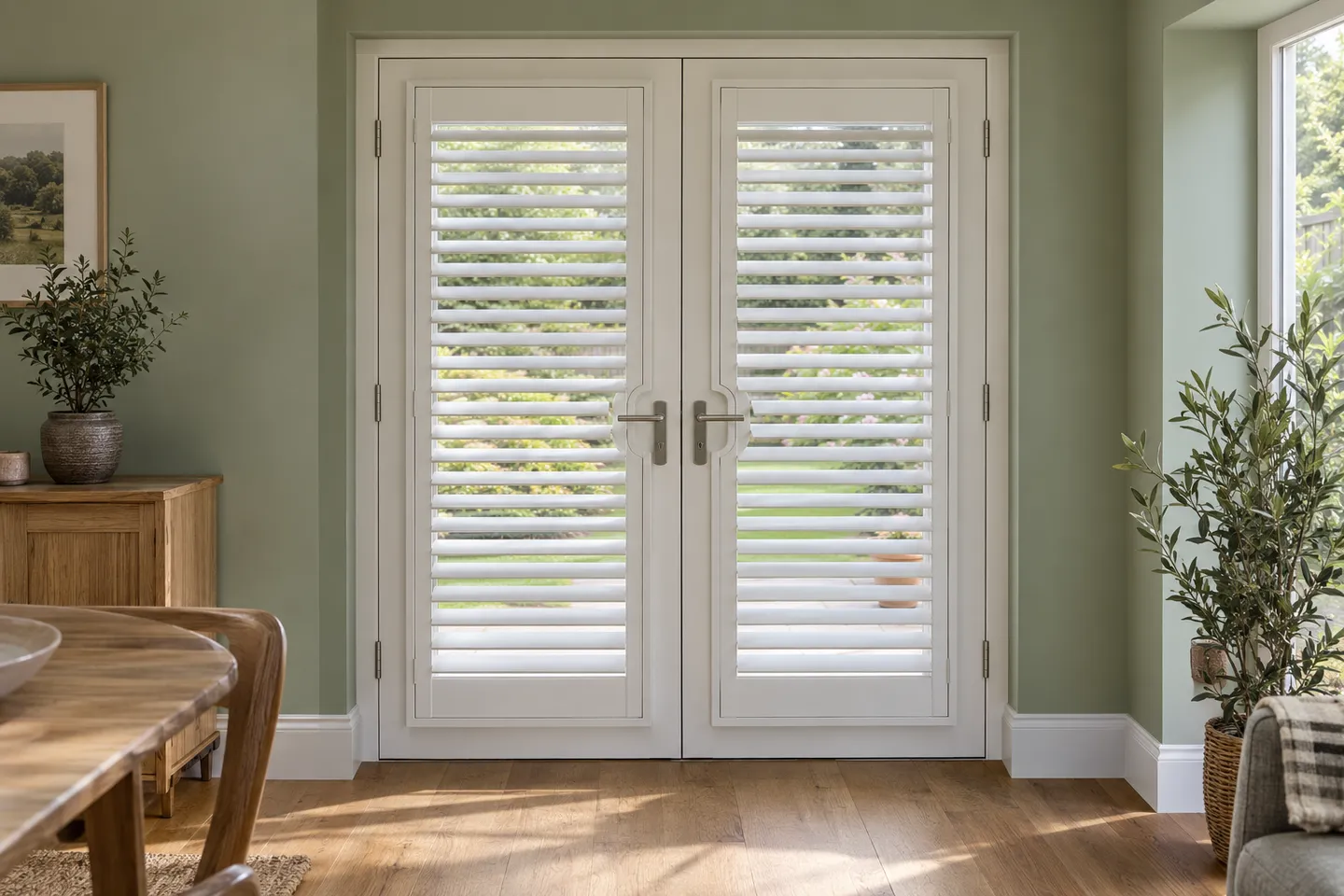 White louvred shutters on French doors with clearance around the central handles