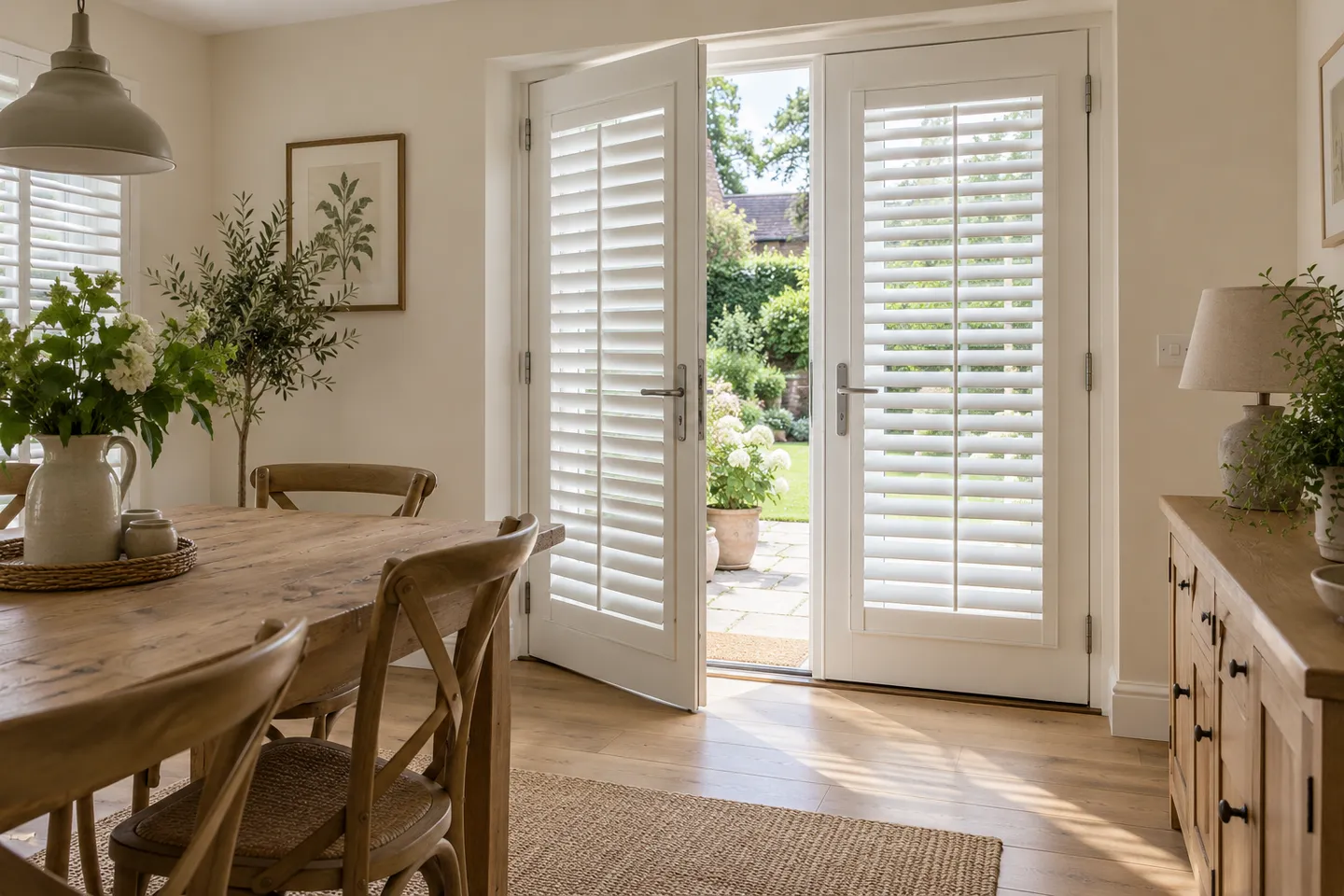 An inward-opening French door with a white louvred shutter moving with the door leaf